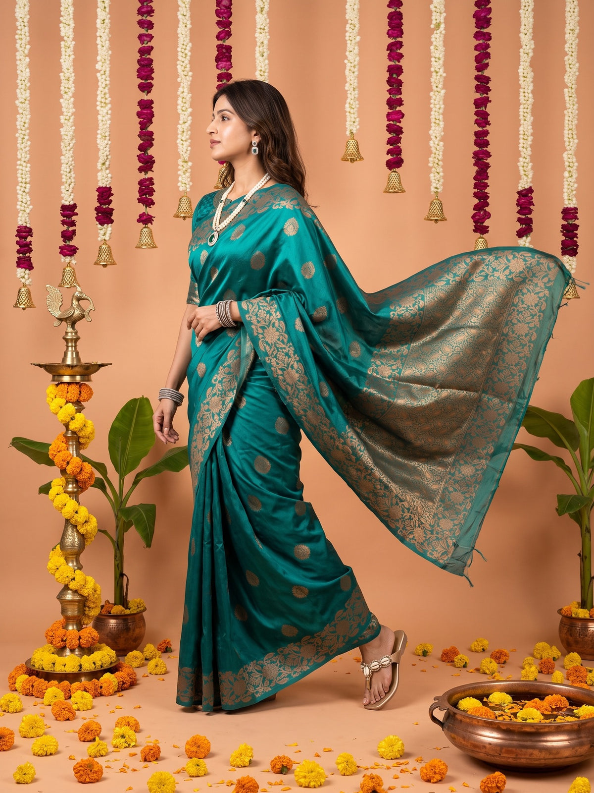 Teal Blue Silk Blend saree – detail view 3