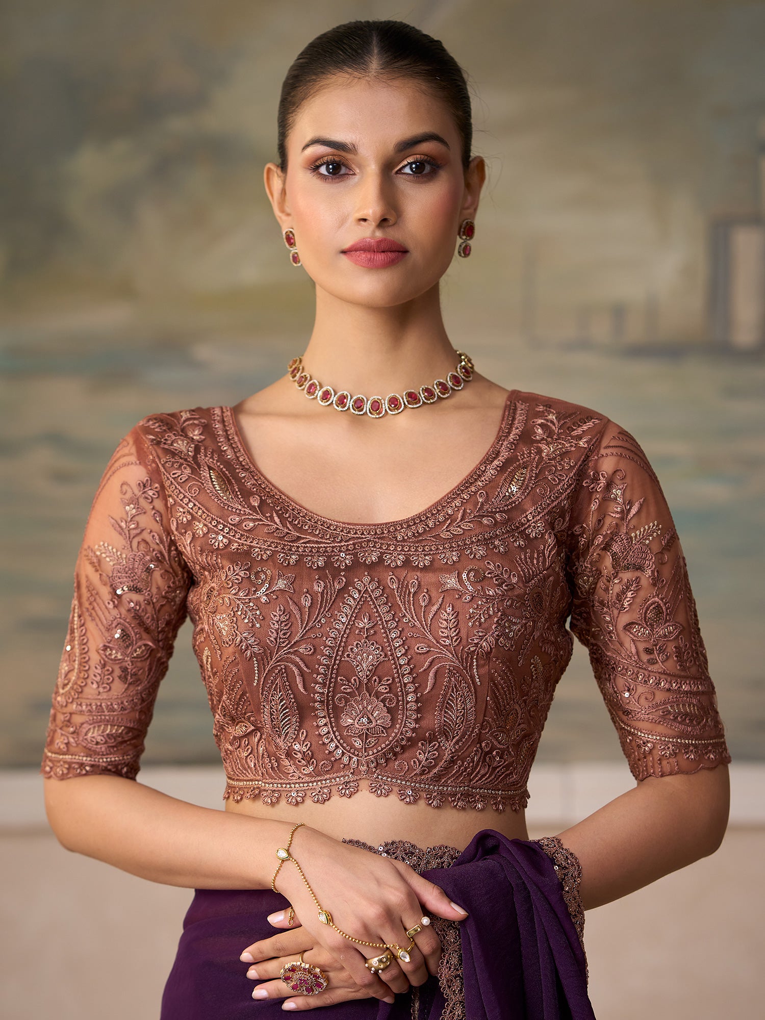 Unstitched rose gold tussar silk blouse piece with embellished design