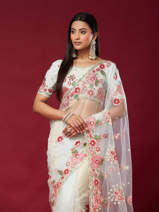 White Net saree – detail view 1
