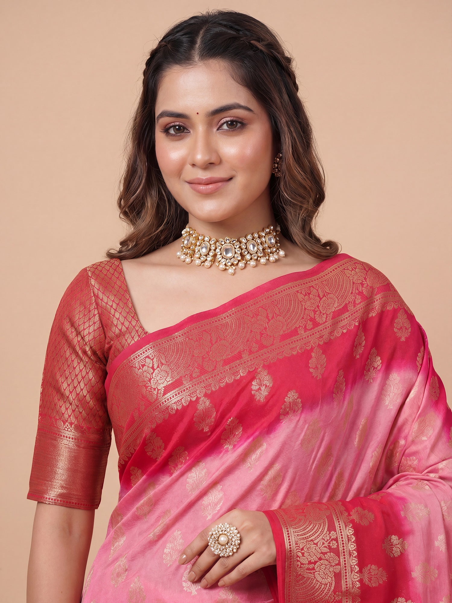 Red Georgette saree – detail view 4