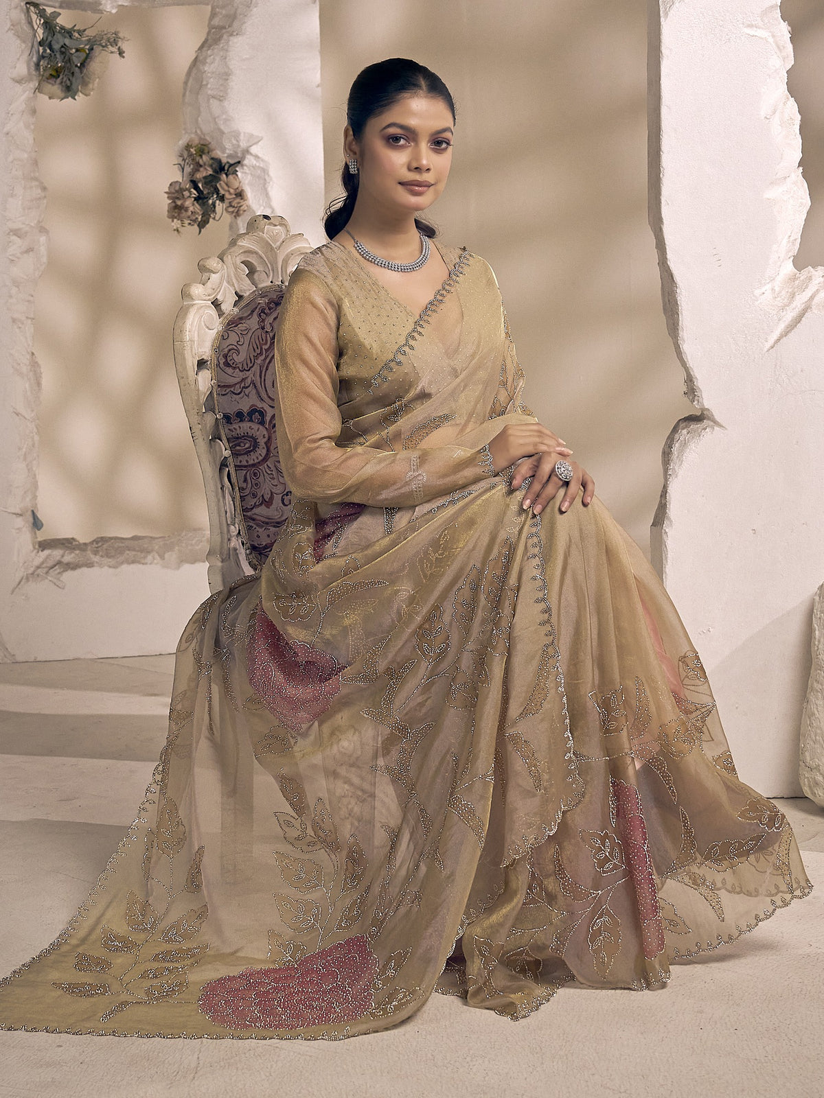 Champagne organza saree view 3