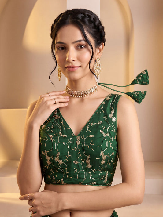 Green sequin embroidered vichitra silk sleeveless readymade saree blouse with v neck