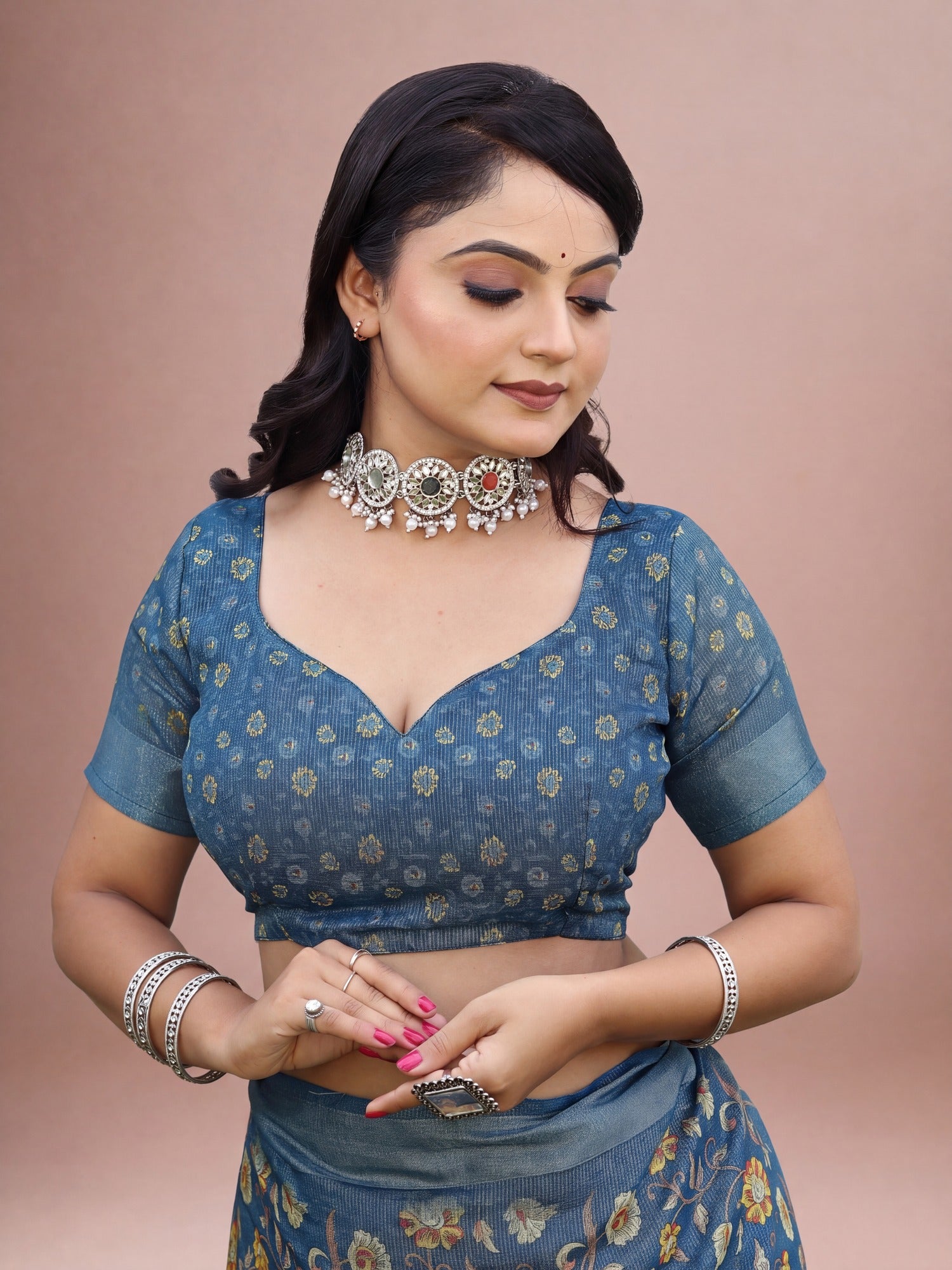 Unstitched teal blue cotton silk blouse piece with floral design