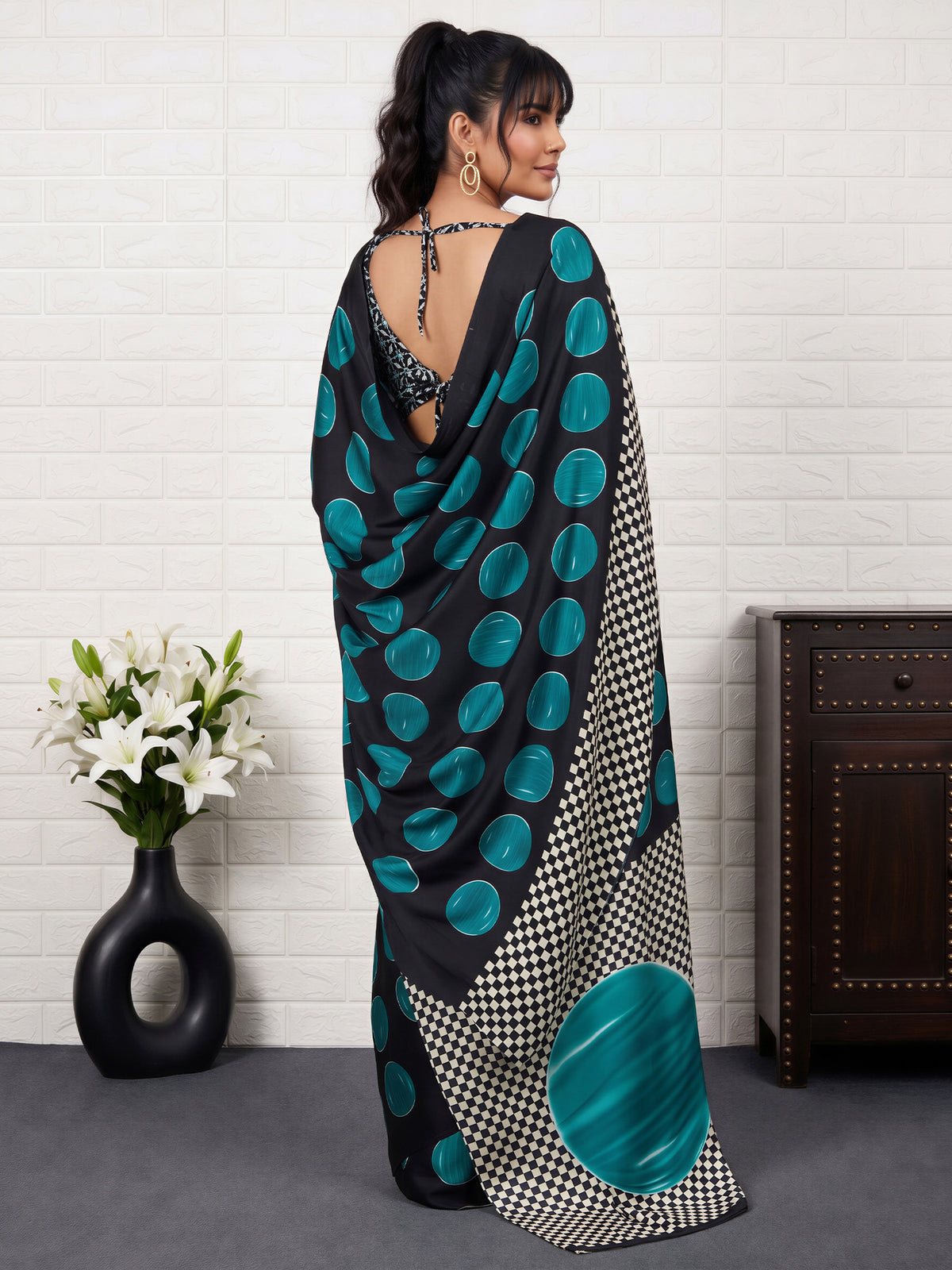 Teal Blue Satin saree – detail view 1
