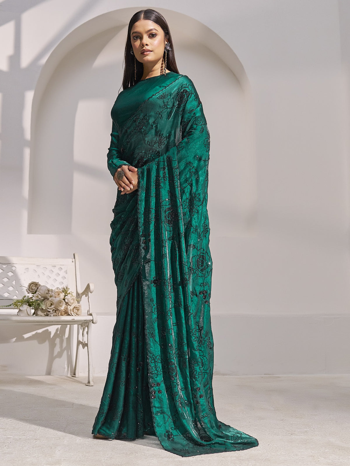 Teal Green satin silk saree view 1