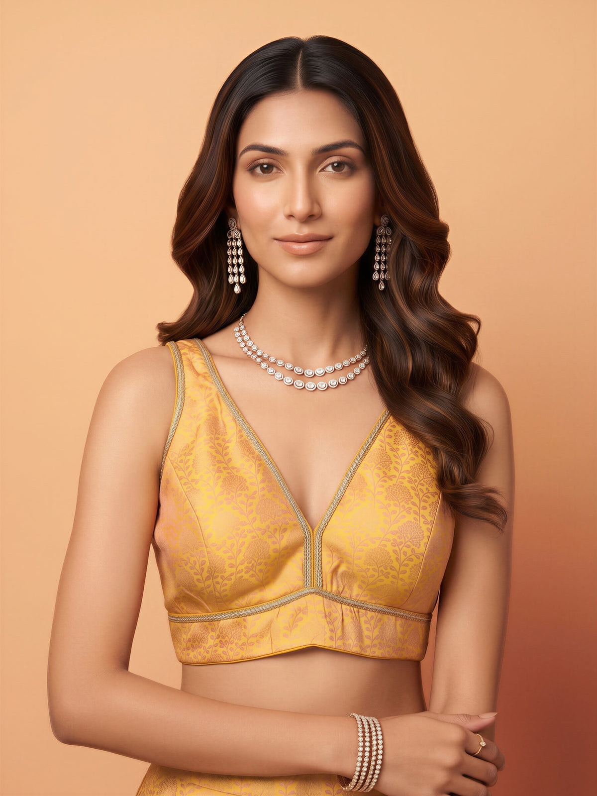 Yellow woven brocade silk blend sleeveless readymade saree blouse with deep v neck view 3