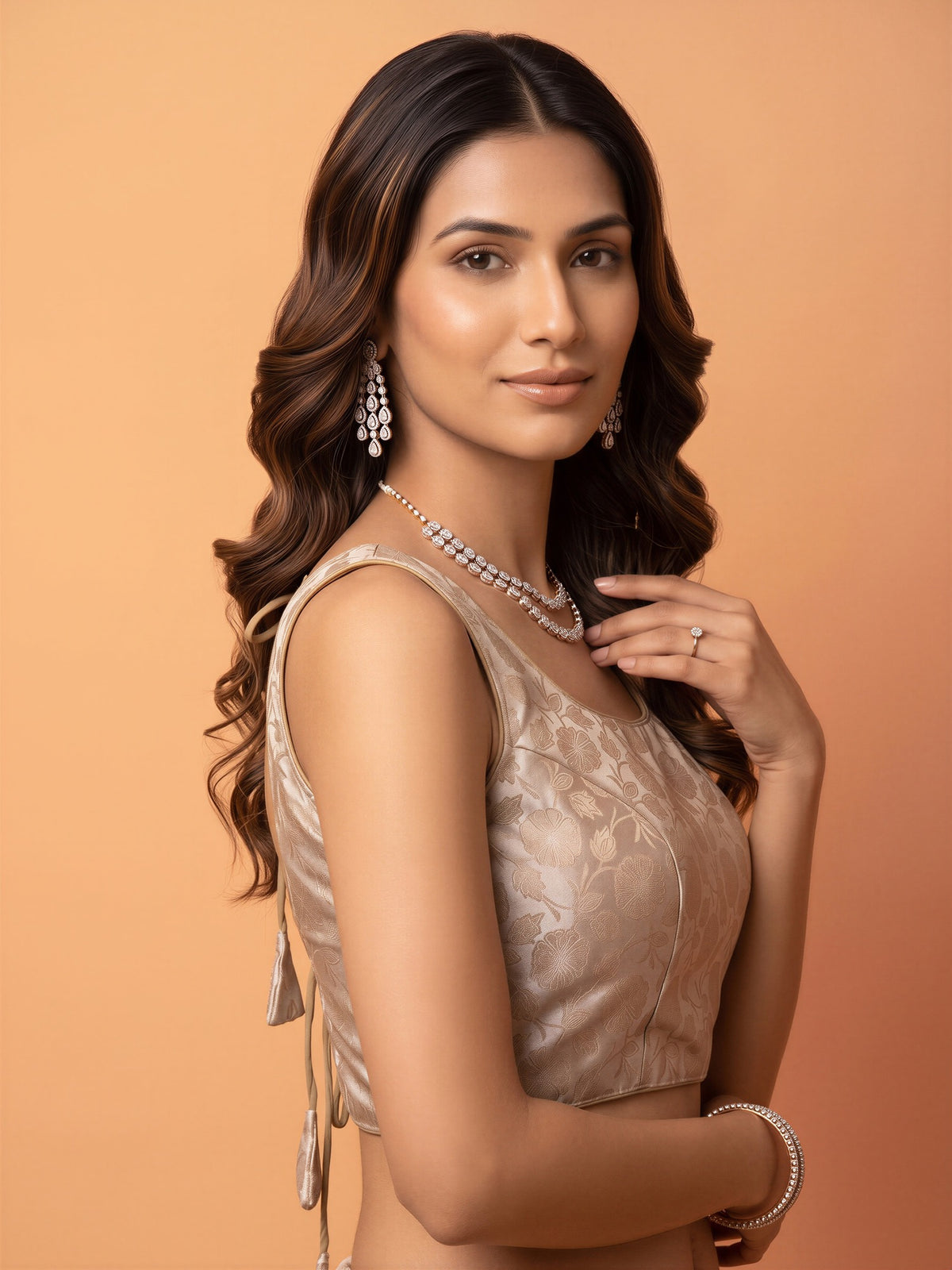 Cream woven brocade silk blend sleeveless readymade saree blouse with round neck view 2