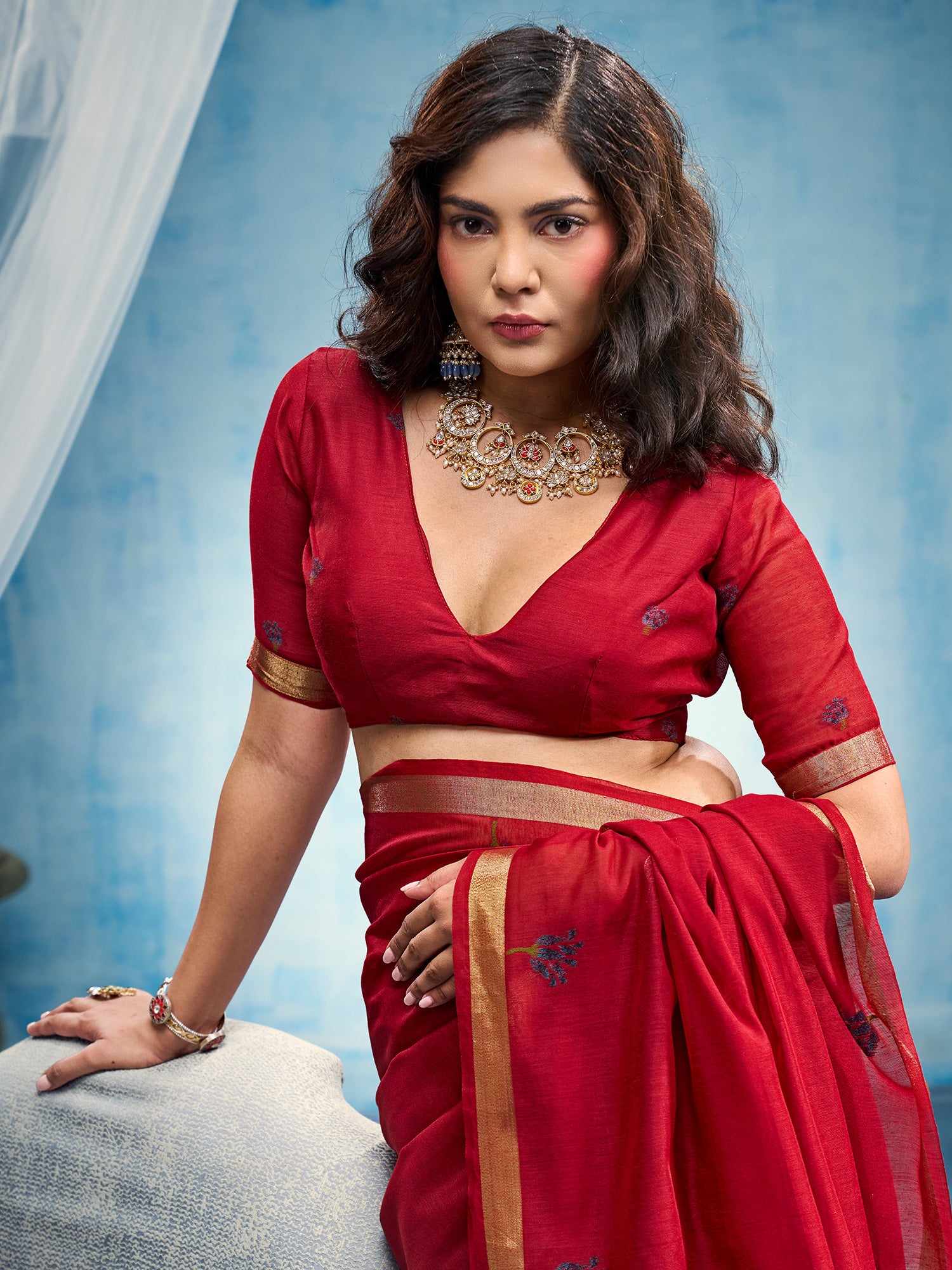 Unstitched red muga cotton blouse piece with woven design design