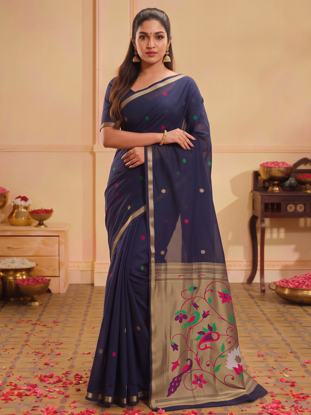 Navy Blue silk blend saree view 3