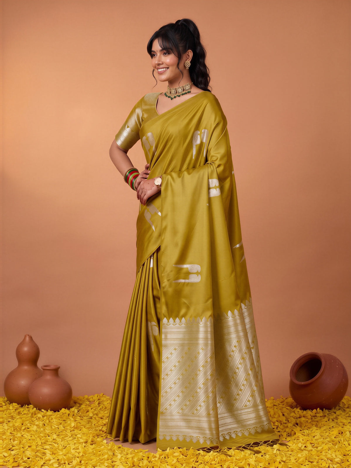 Olive Satin saree – detail view 2