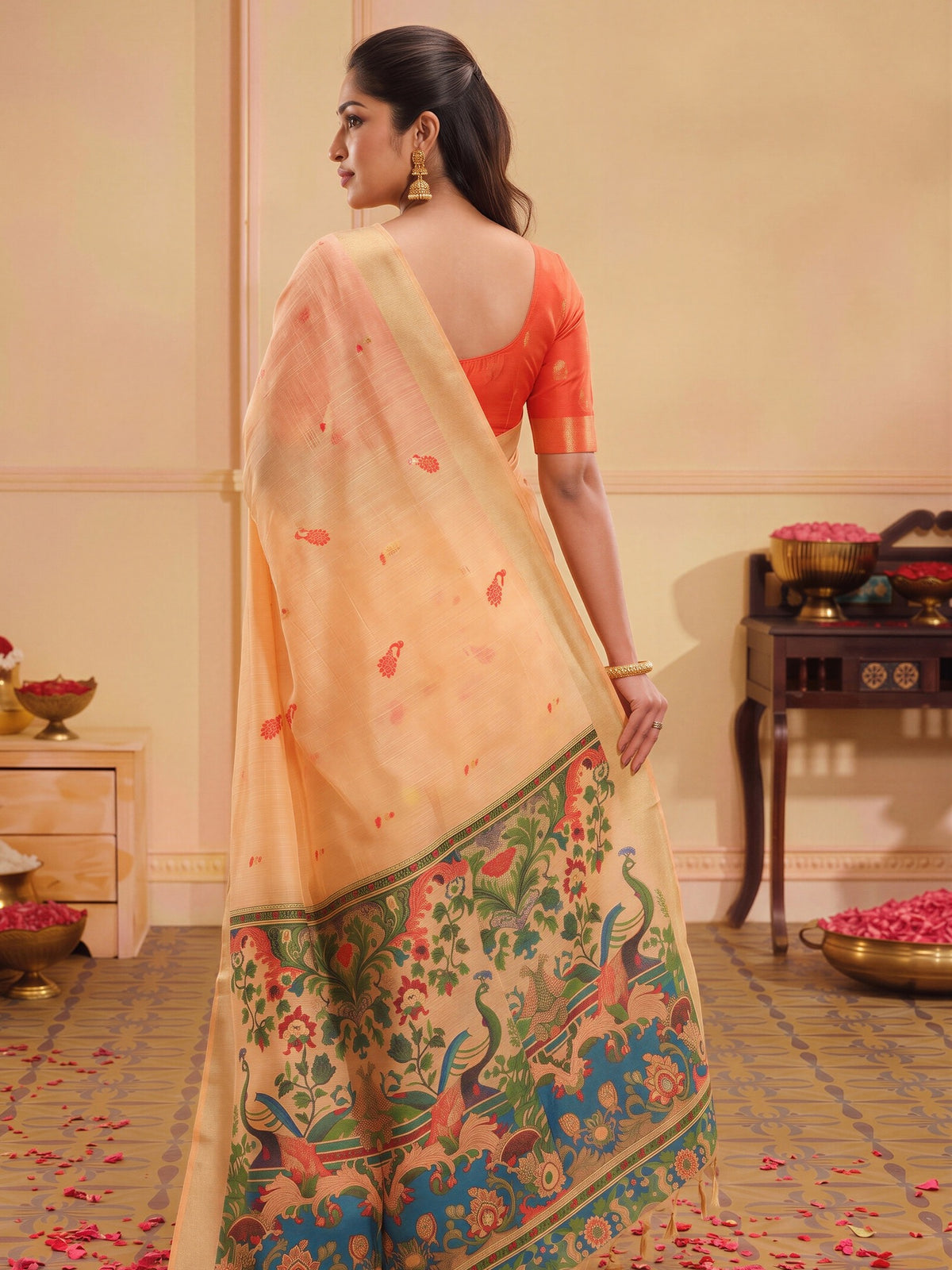 Peach silk blend saree view 1