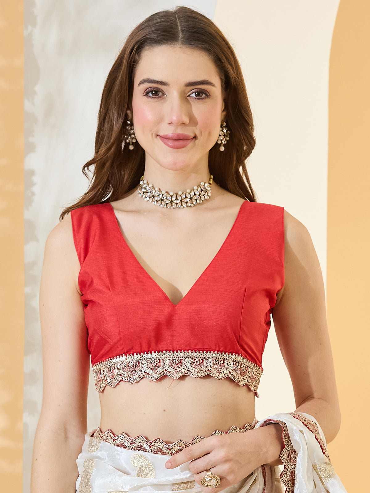 Unstitched red viscose silk blouse piece with embellished design