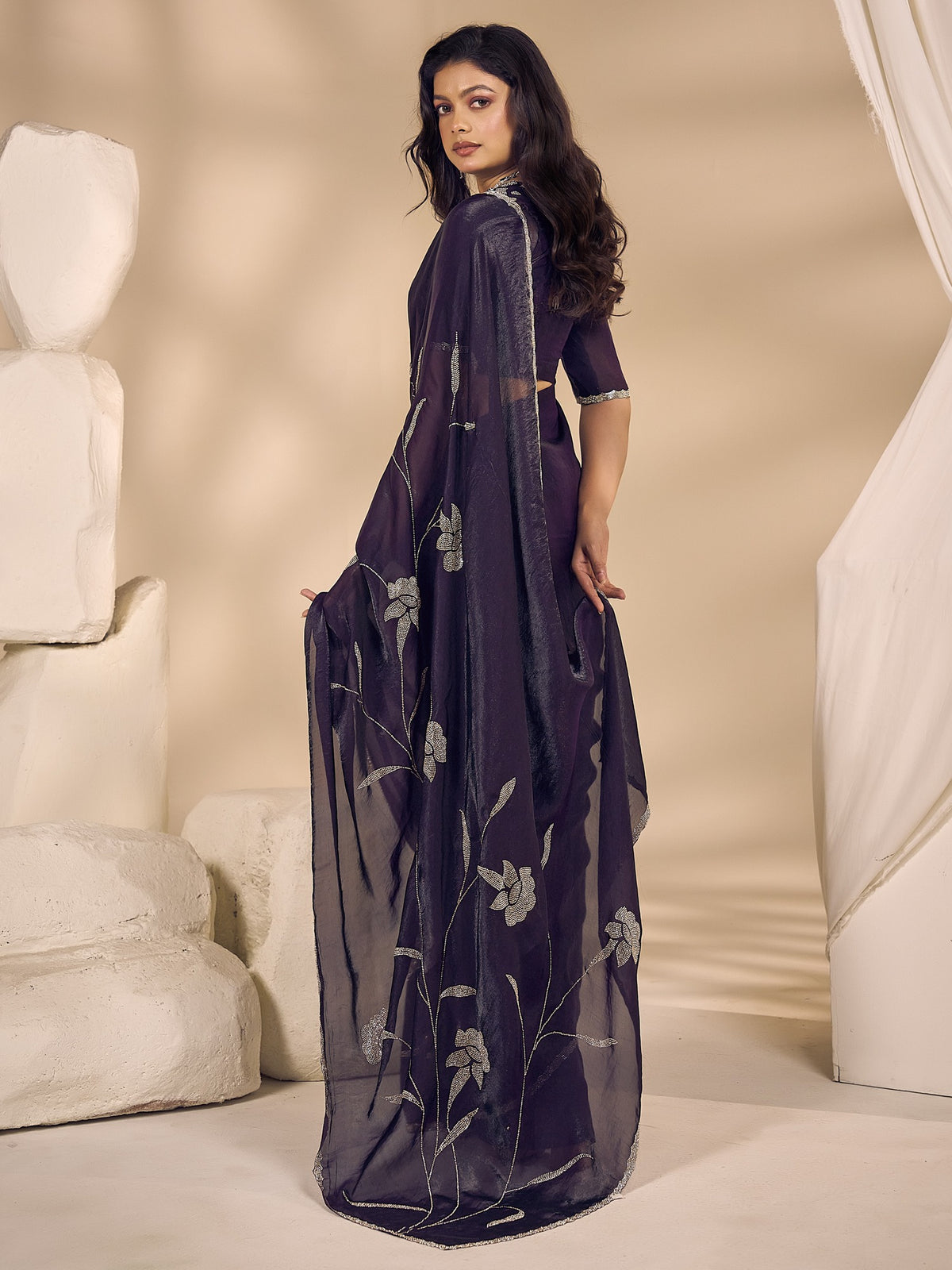 Purple satin silk saree view 2