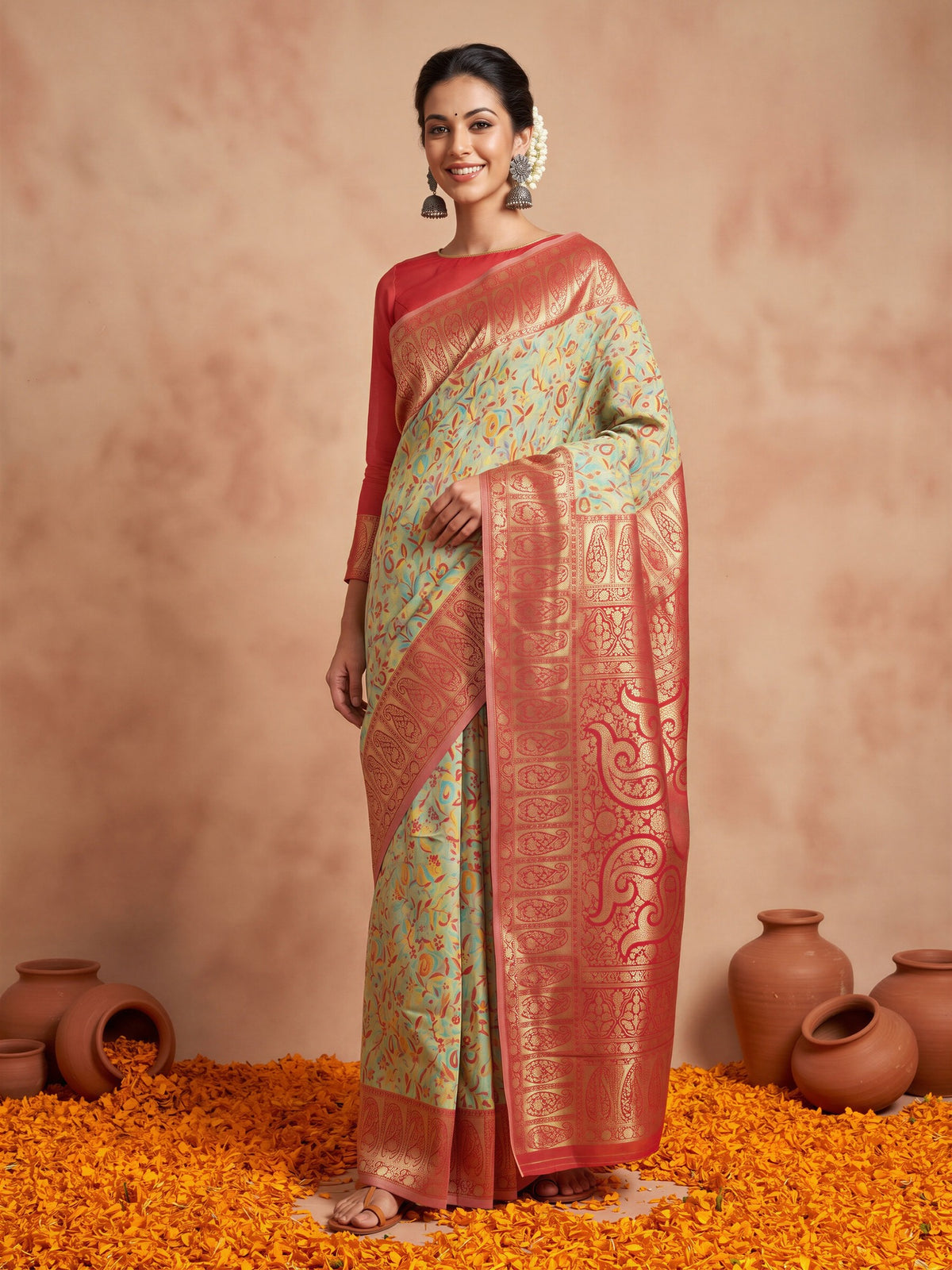 Woman wearing sea green silk blend saree with traditional indian motif work and red blouse
