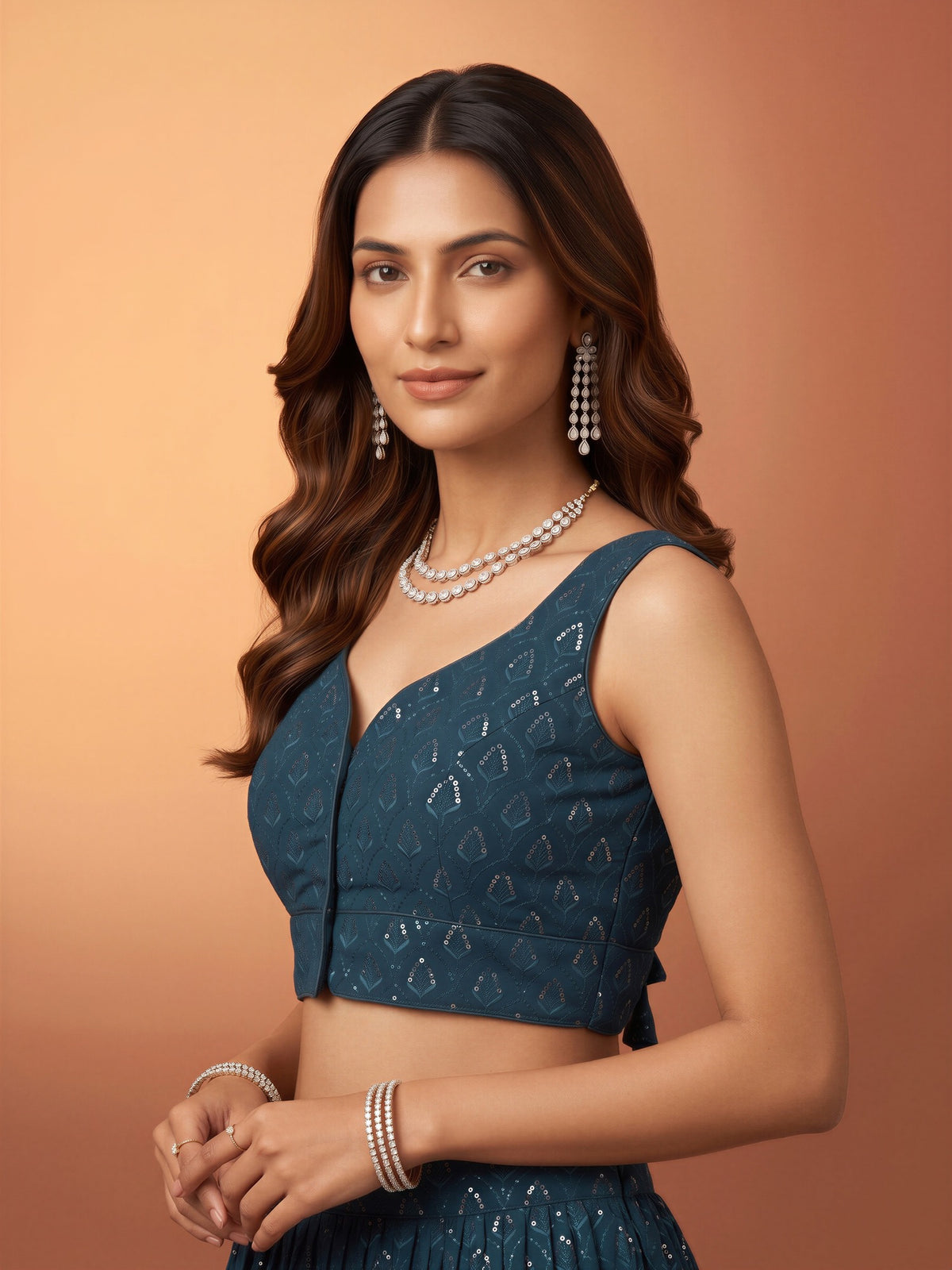 Teal Blue sequin embroidered georgette sleeveless readymade saree blouse with sweetheart neck view 2