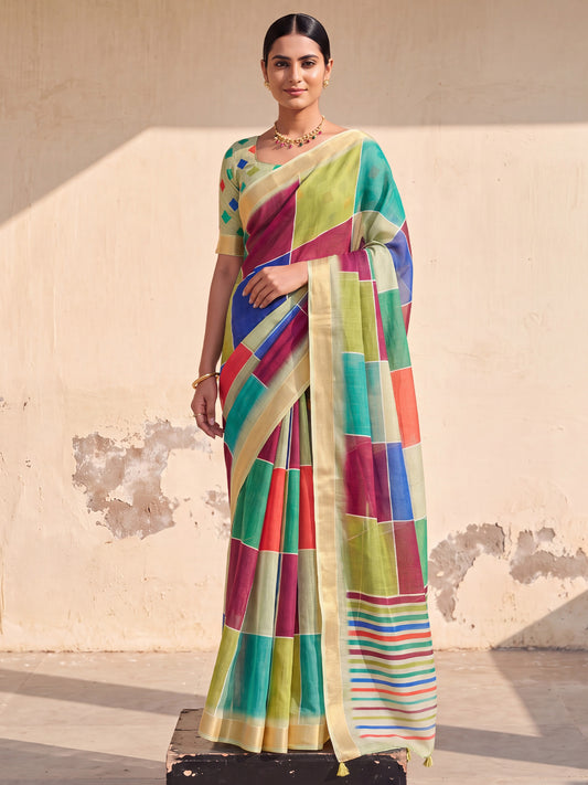 Woman wearing multicolored linen saree with colorblocked design and light green blouse