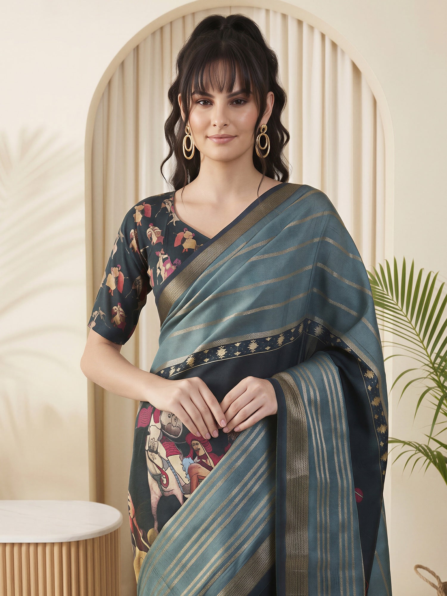 Teal Blue Viscose Silk saree – detail view 4