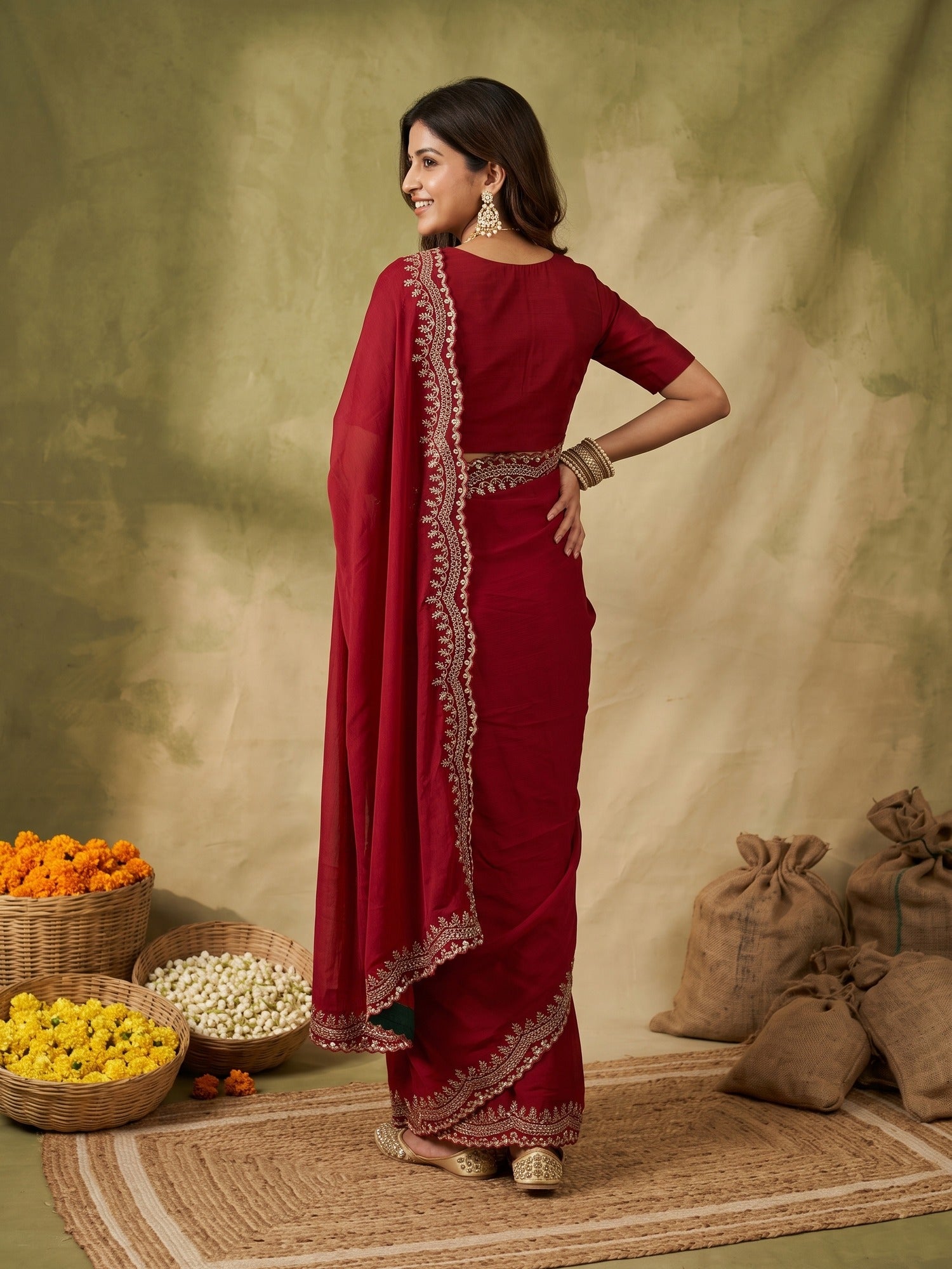 Red Satin Silk saree – detail view 2