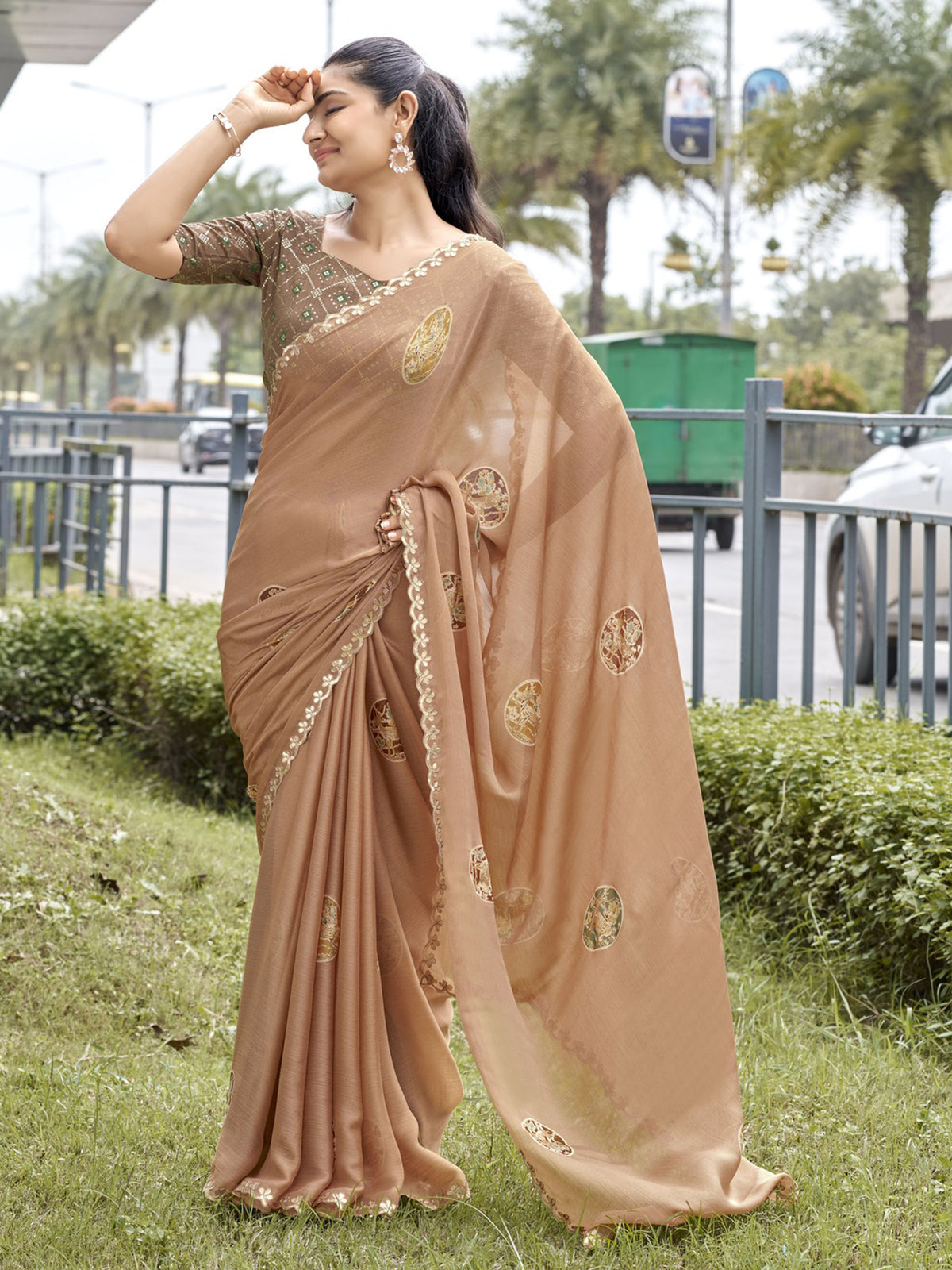 Light Brown foil chiffon saree with light brown blouse piece