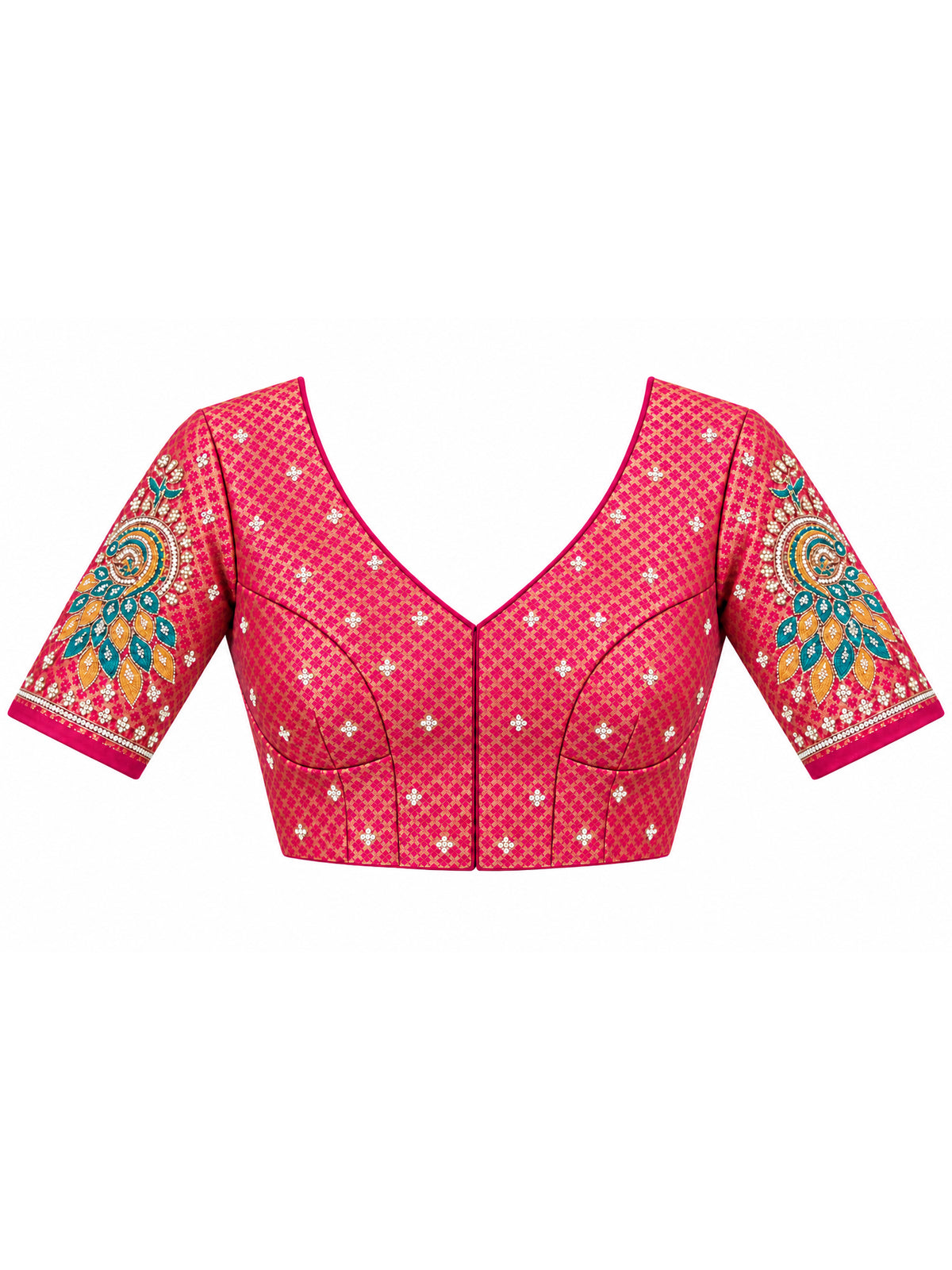Unstitched pink  blouse piece with embellished design