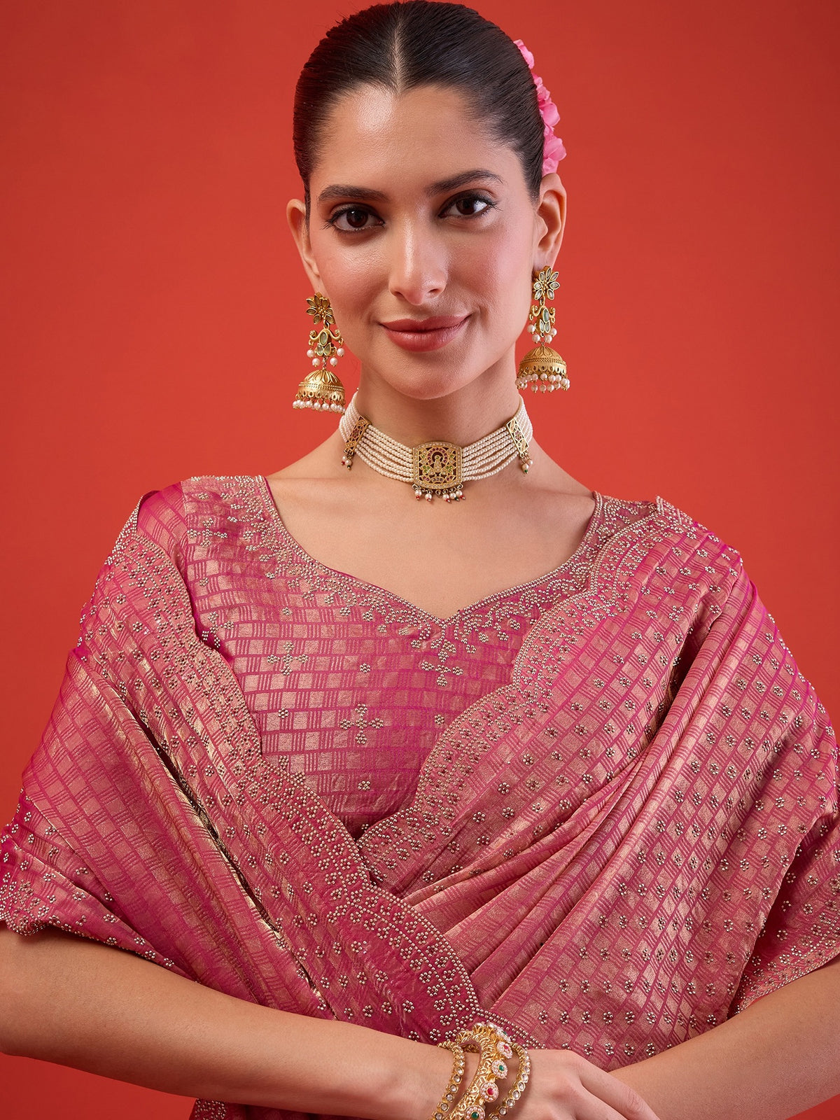Pink Satin saree – detail view 3