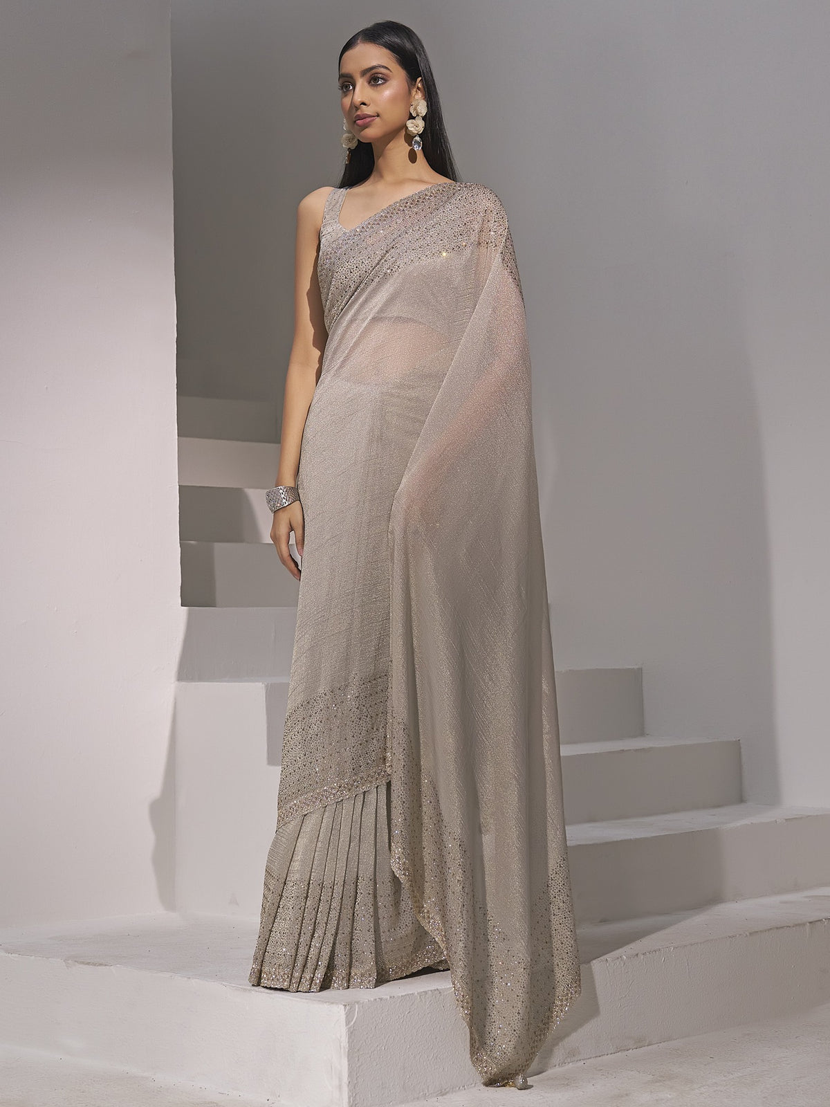 Silver solid pure silk saree with silver blouse piece