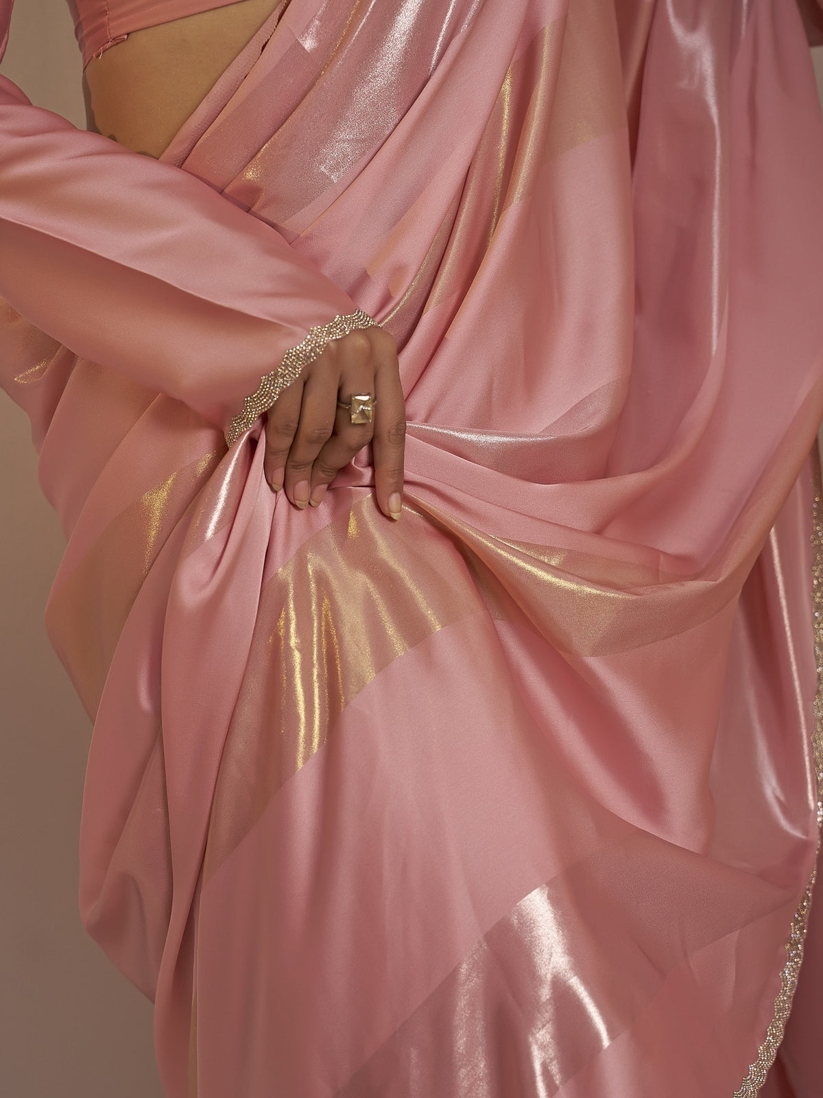 Peach satin silk saree view 5