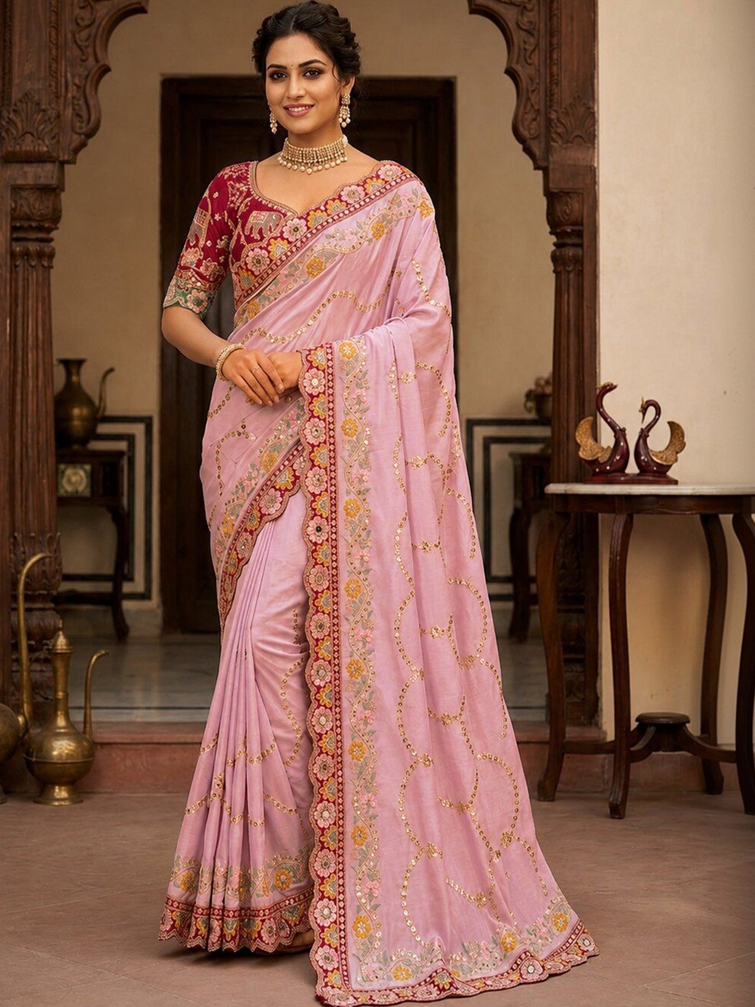 Woman wearing pink pure georgette saree with all-over floral design and pink blouse