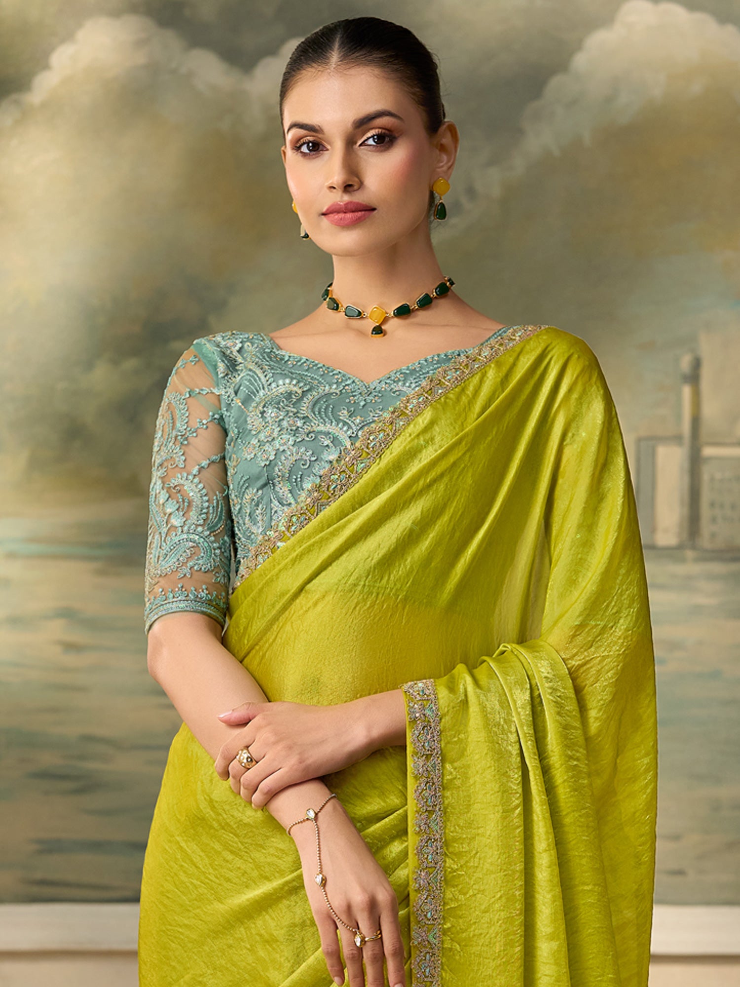Lime Green Satin Silk saree – detail view 2