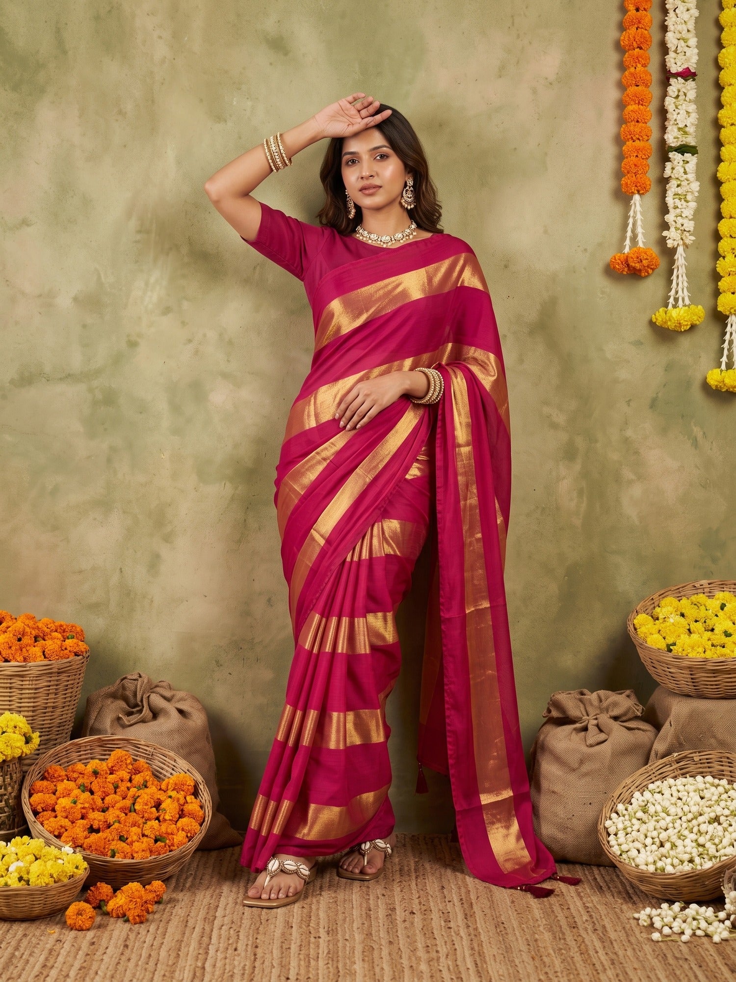 Red Satin saree – detail view 3