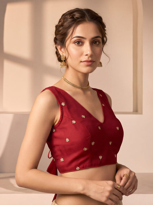 Red sequin embellished vichitra silk sleeveless readymade saree blouse with v neck
