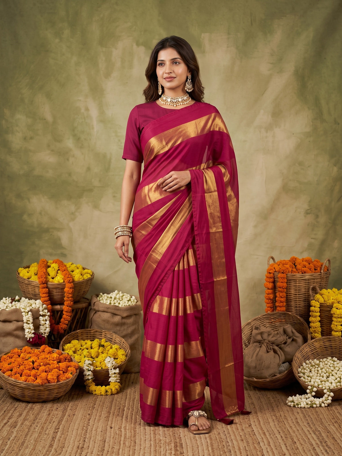 Woman wearing red satin saree with metallic foil print work and red blouse