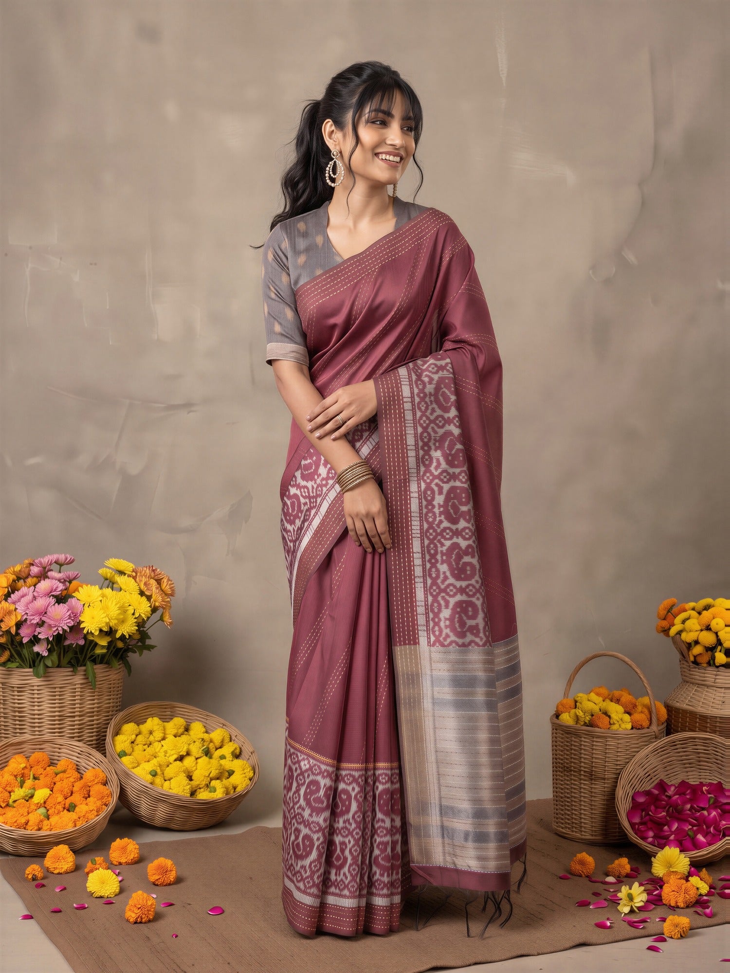 Burgundy Silk Cotton saree – detail view 2