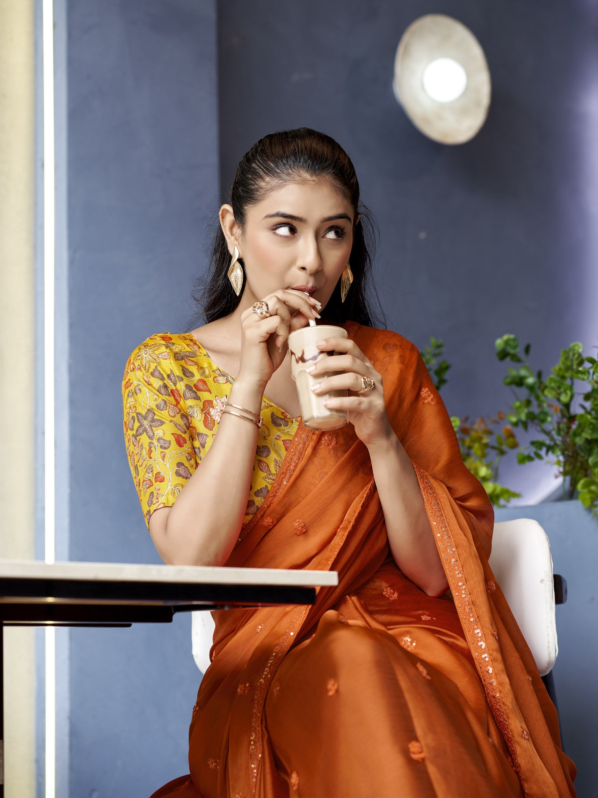 Rust Satin Silk saree – detail view 2
