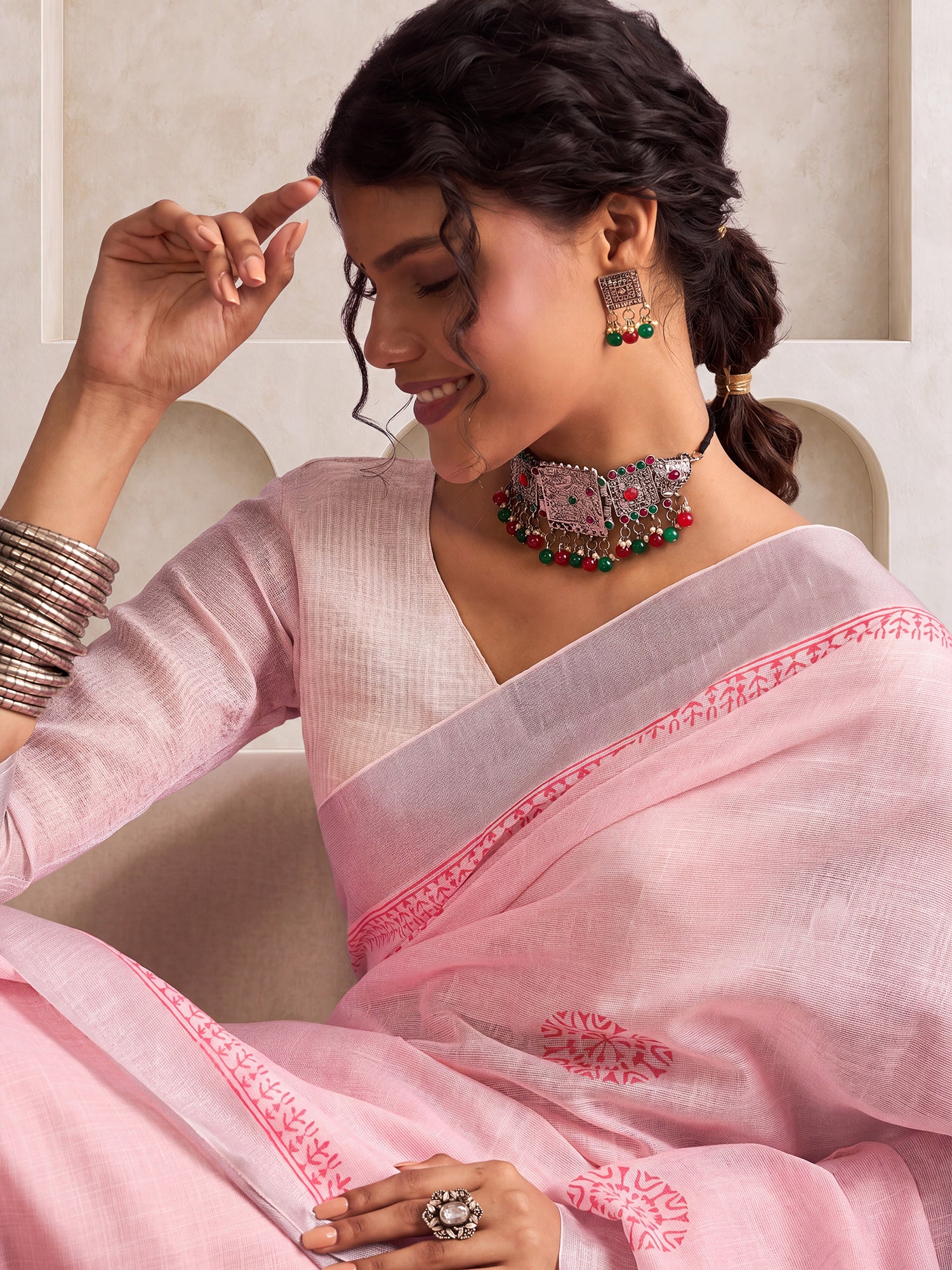 Pink Linen saree – detail view 5