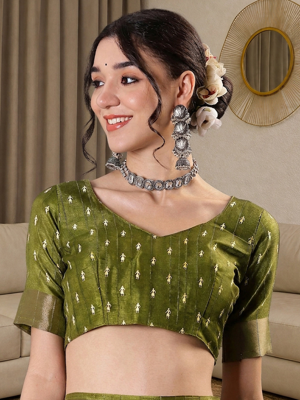 Unstitched olive silk blend blouse piece with tribal design