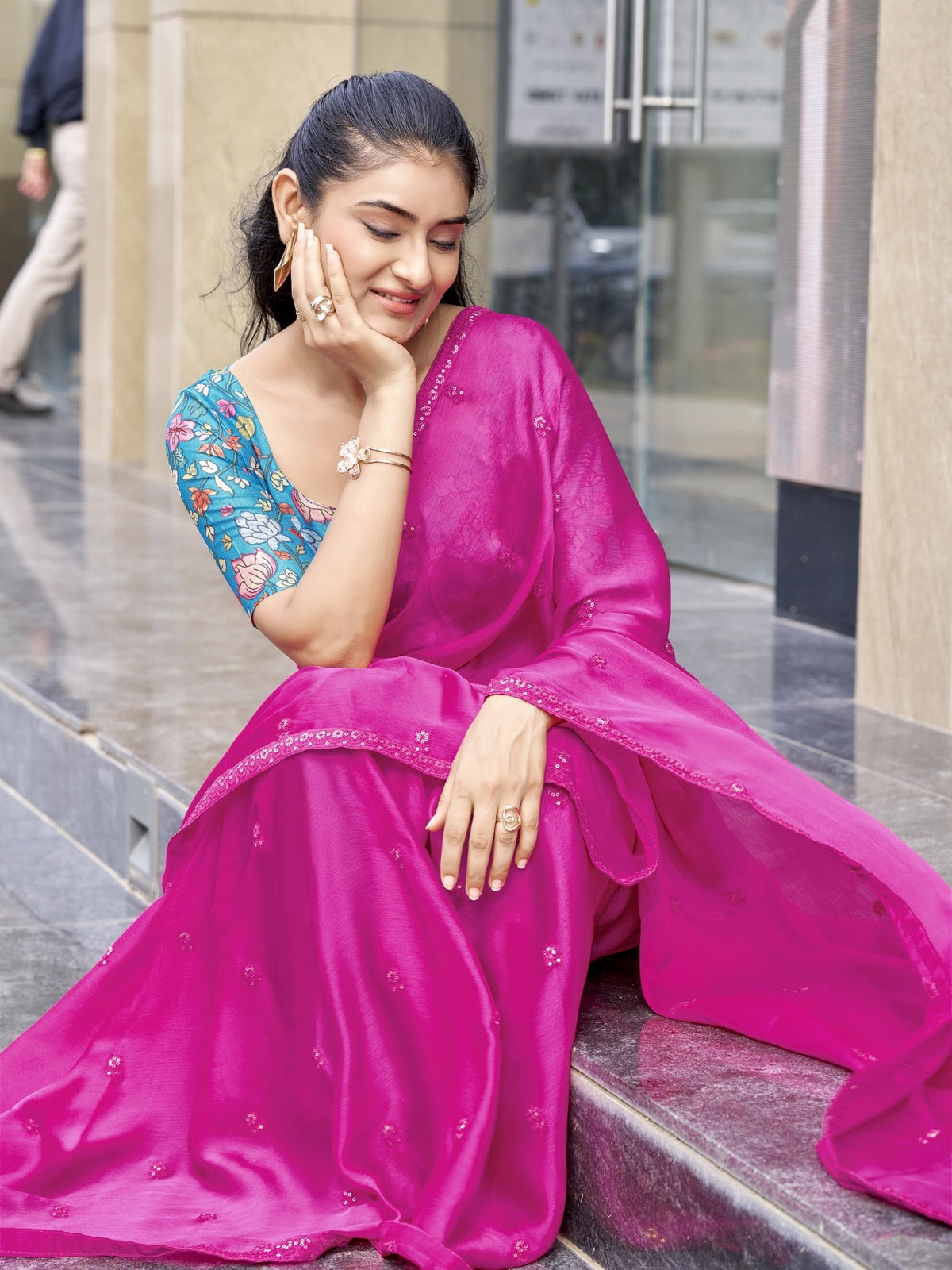Pink Satin Silk saree – detail view 2