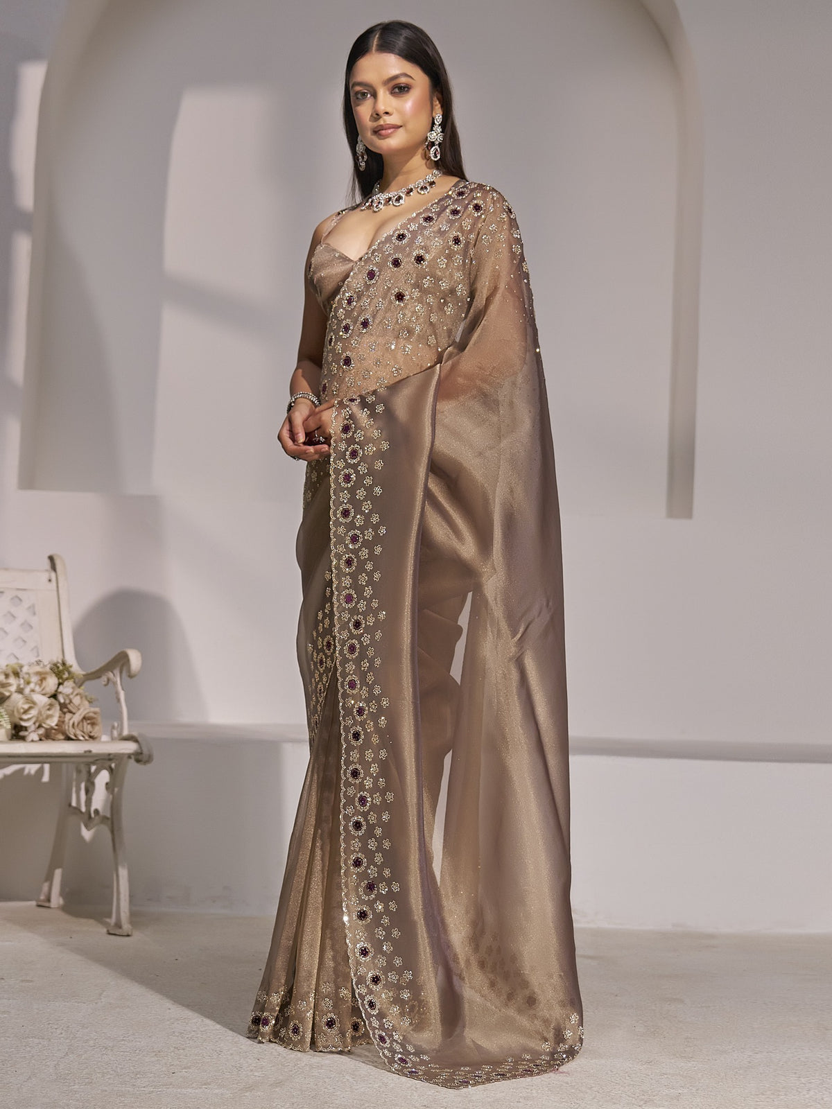 Silver organza saree view 2
