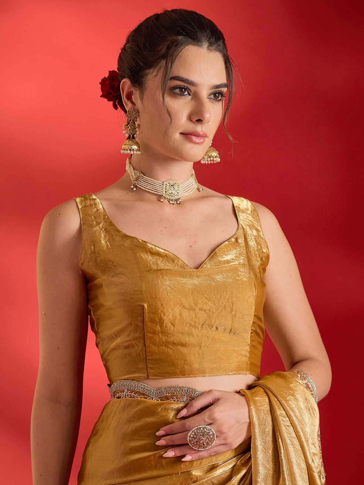 Unstitched mustard satin blouse piece with embellished design