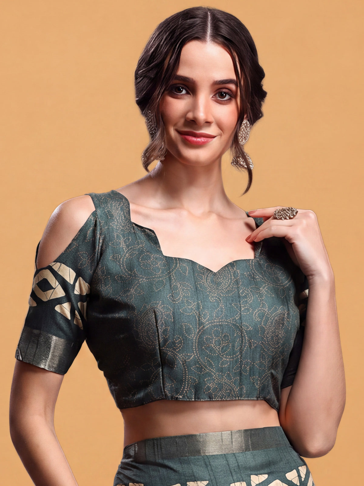 Unstitched teal green silk blend blouse piece with block prints design