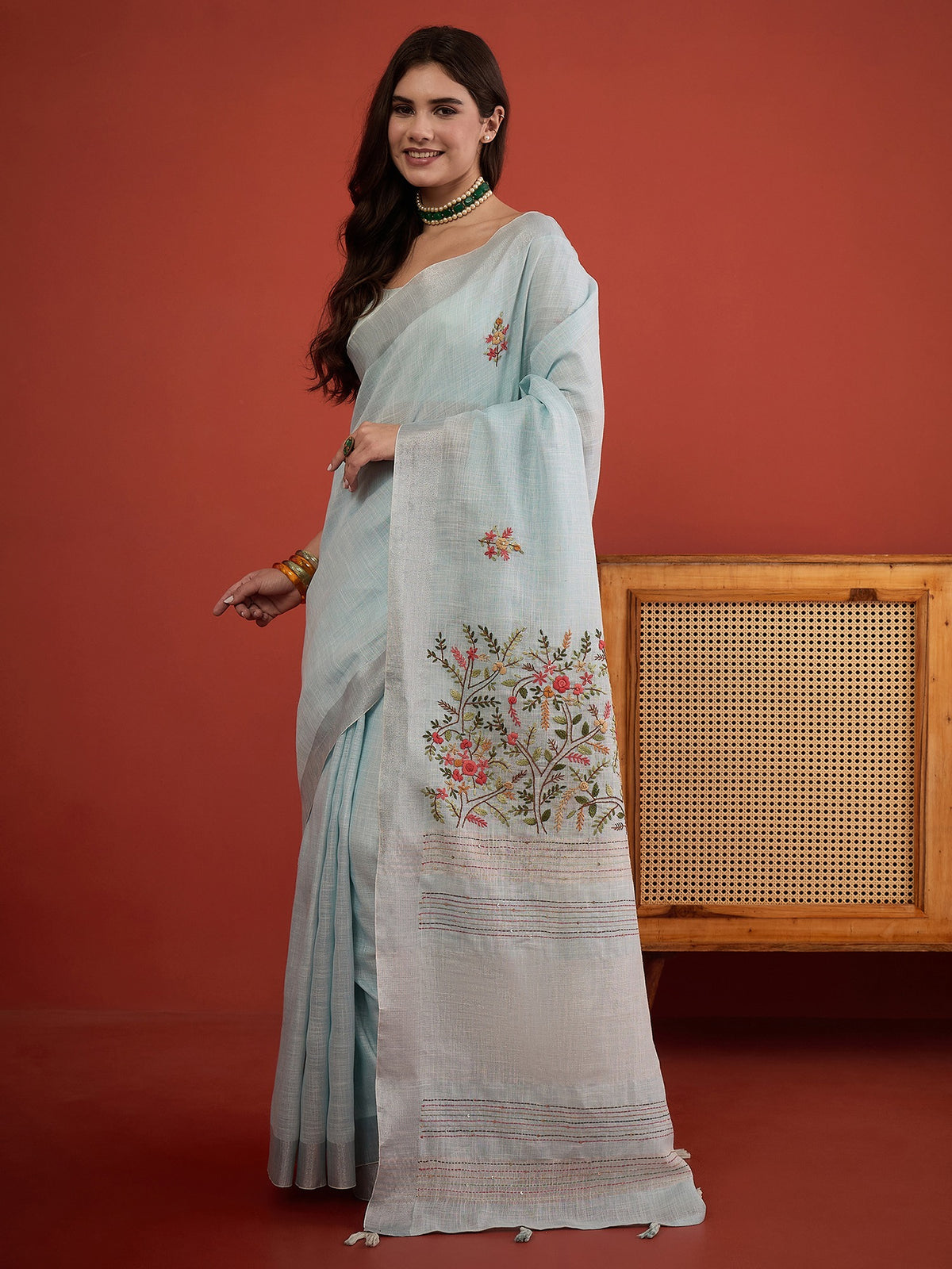 Light Blue linen blend saree view 3