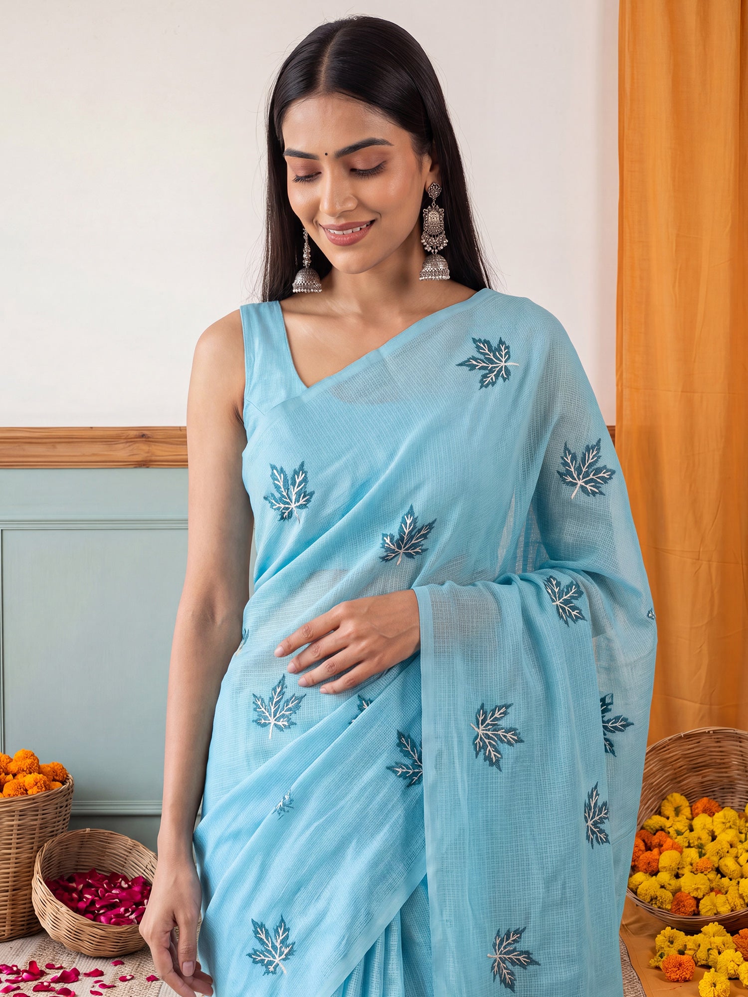 Light Blue Kota Doria Cotton saree – detail view 4