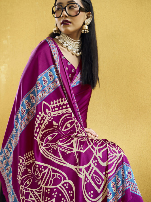 Magenta satin saree view 1