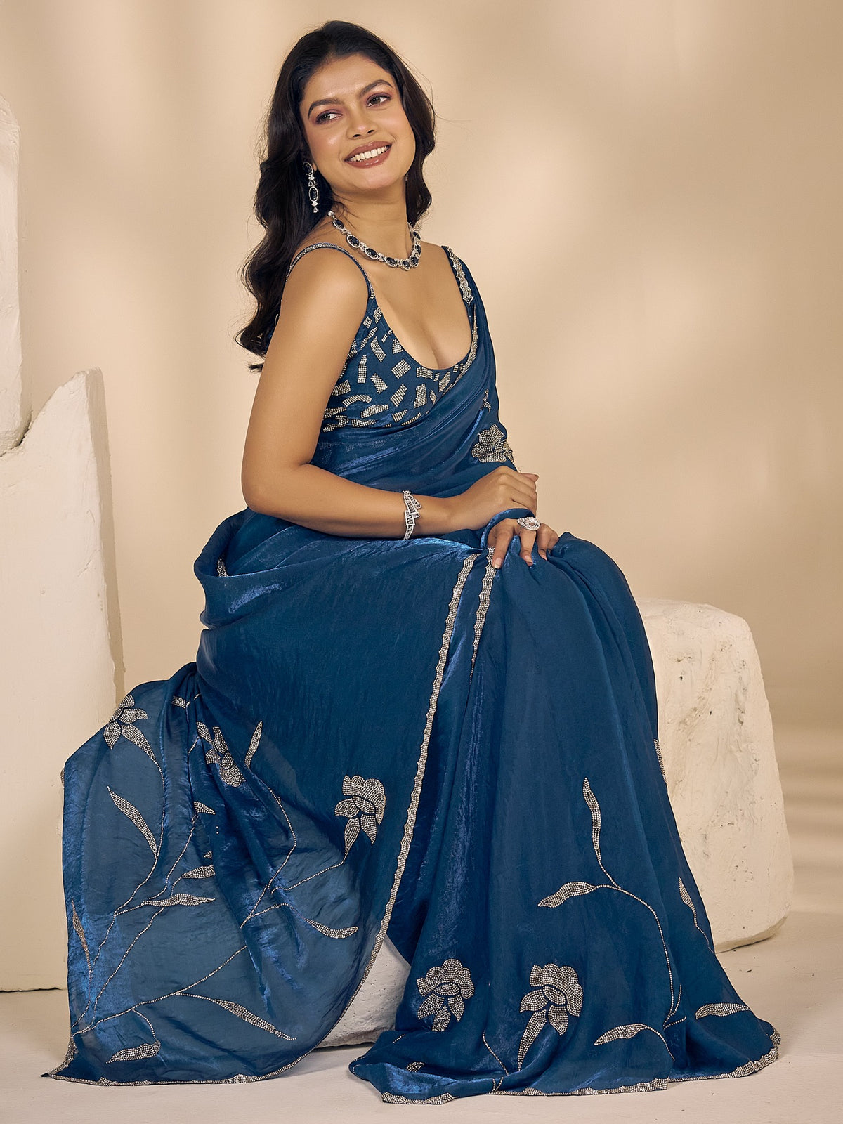 Teal Blue satin silk saree view 3