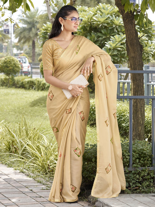 Beige foil chiffon saree with beige blouse piece