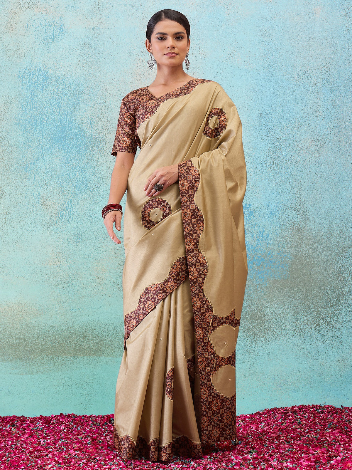 Light Brown applique silk blend saree with brown blouse piece