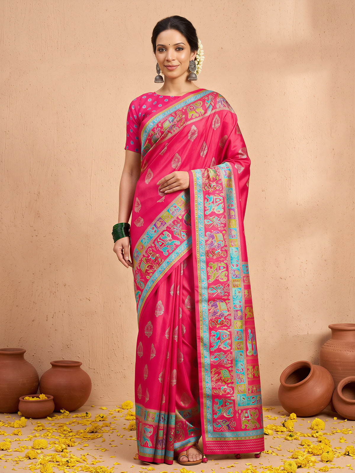 Woman wearing pink silk blend saree with metallic foil print work and pink blouse
