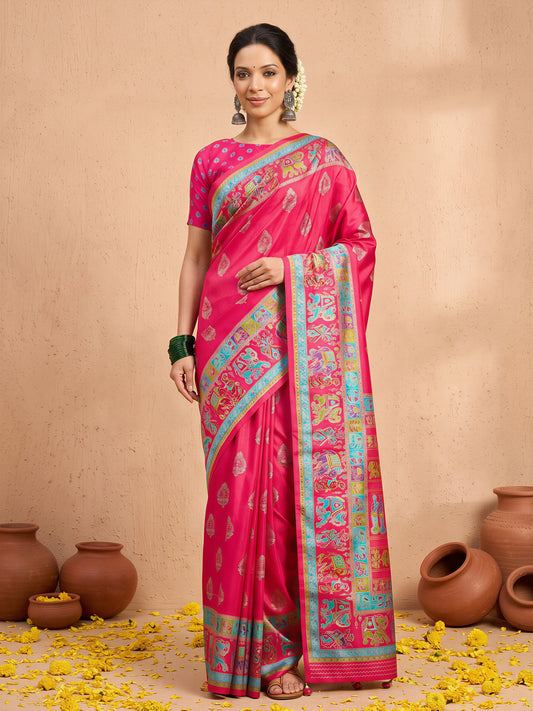 Woman wearing pink silk blend saree with metallic foil print work and pink blouse