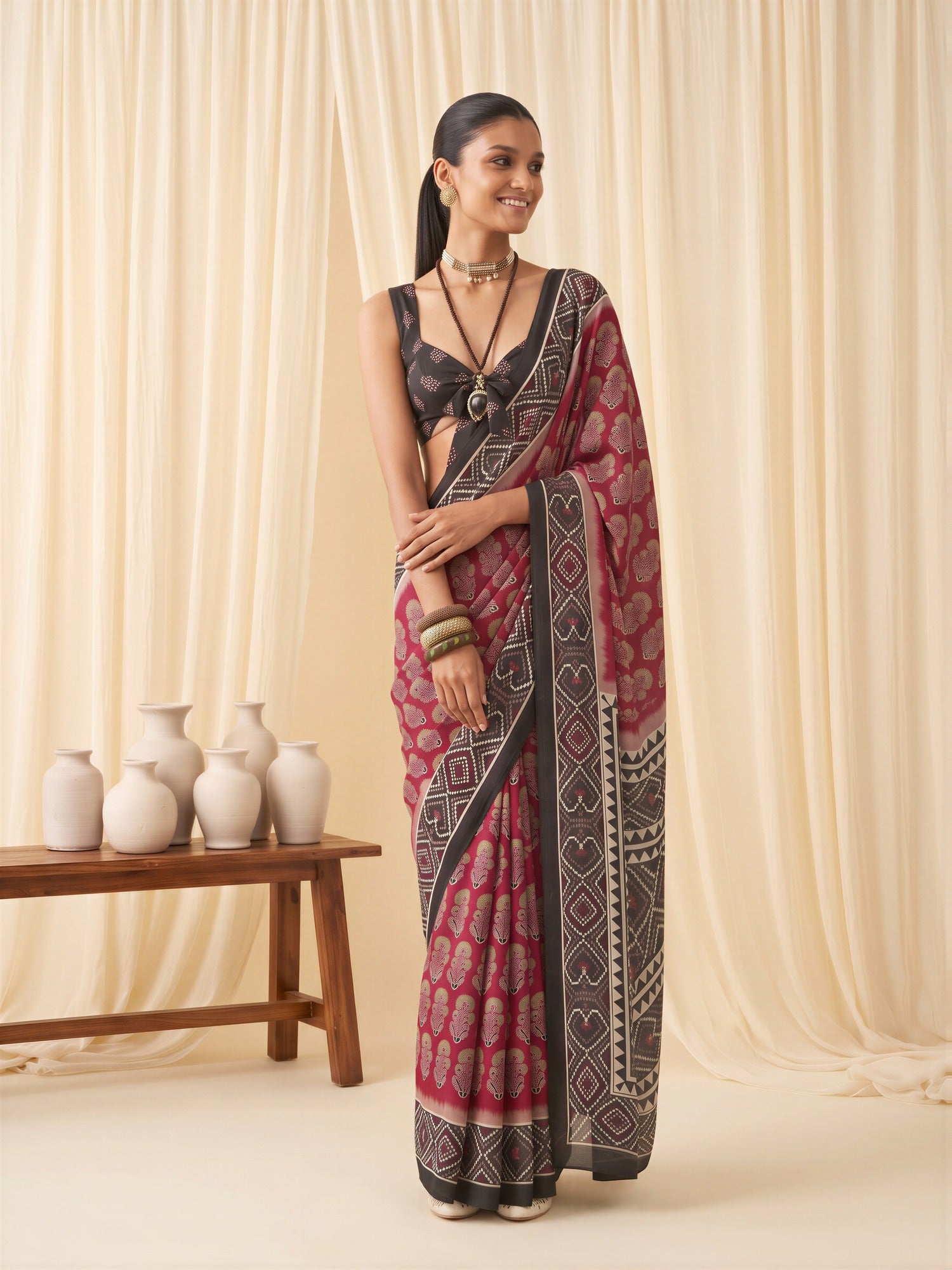 Maroon Satin saree – detail view 3