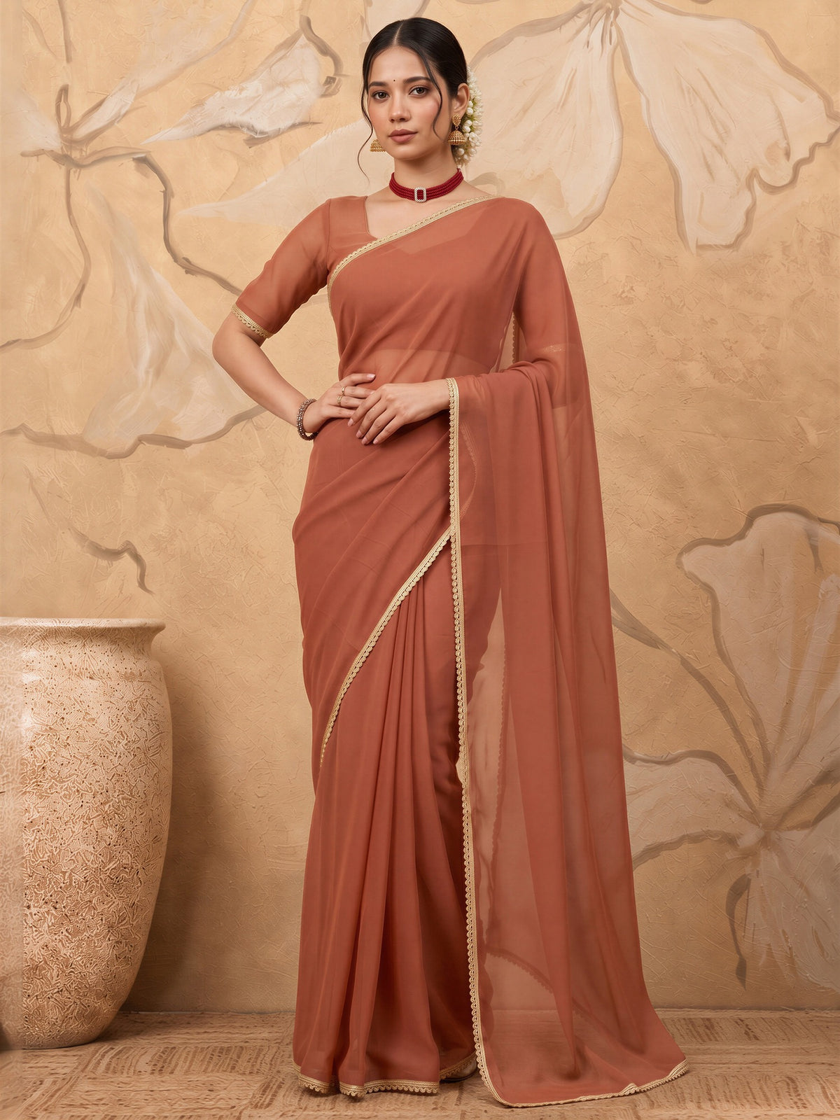Rust solid satin silk saree with rust blouse piece